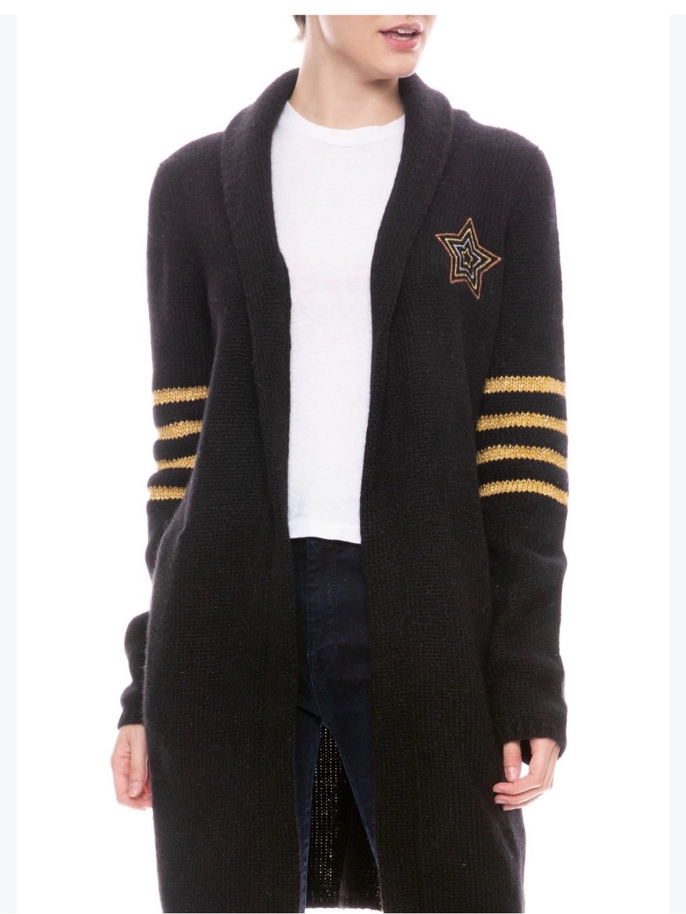 MOTHER Denim Star Hip Black Open-Front Cardigan with Gold Stripes. XS